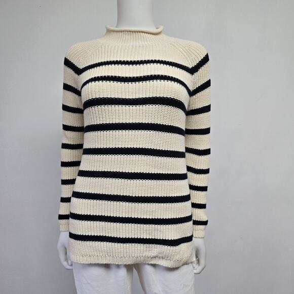 Talbots SP S Petite Sweater Pullover Cream Navy Stripe Rollneck Preppy Cotton - Picture 1 of 8